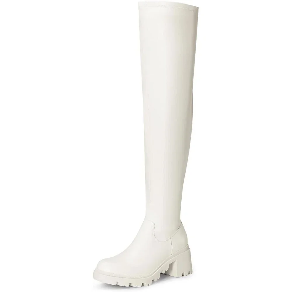 Women's White-pu Faux Leather Knee High Over The Knee High Chunky Heel Boots